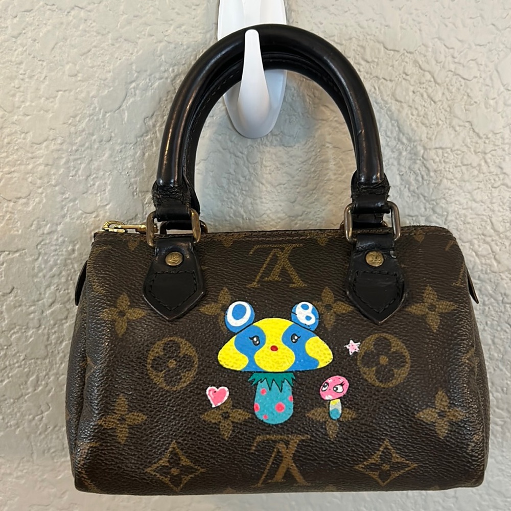 Brown Designer Handbag with Colorful Mushroom Design